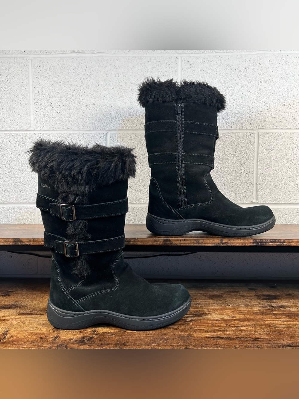 LL Bean Boots Waterproof Faux Fur Black Suede Primaloft Tall Winter Women's 9
